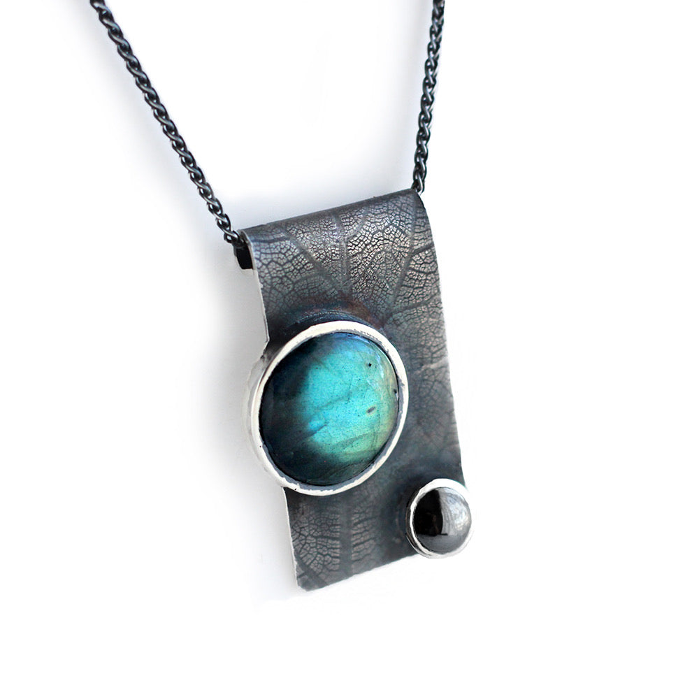 Oxidised Silver pendant with leaf imprint, blue labradorite and hematite