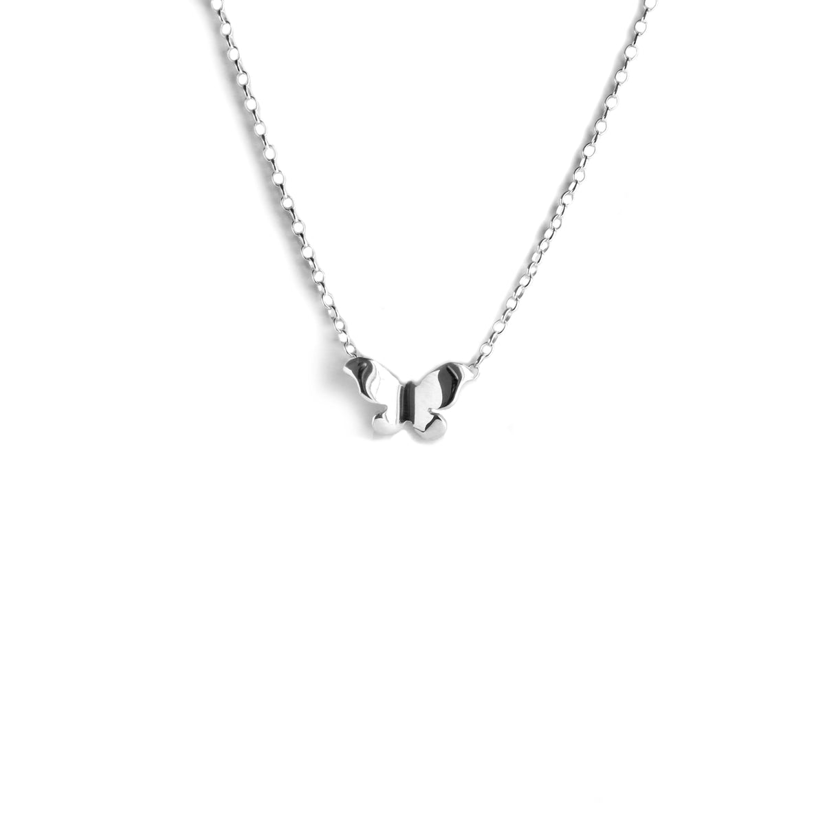 Silver Butterfly pendant on a silver chain against a white background