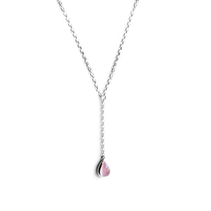 Tear drop shaped Rose Quartz on silver chain against white background