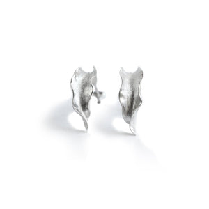 Silver Flame lily petal earrings on white background