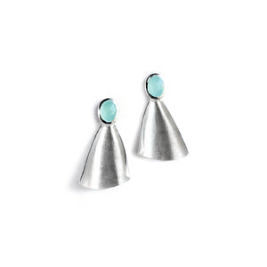 Silver stud earrings with smooth light aqua blue gemstones